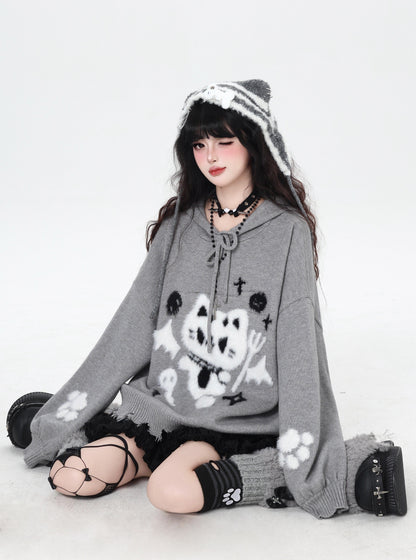 ねこモチーフ フード付きルーズニット｜黒×グレー サブカル
