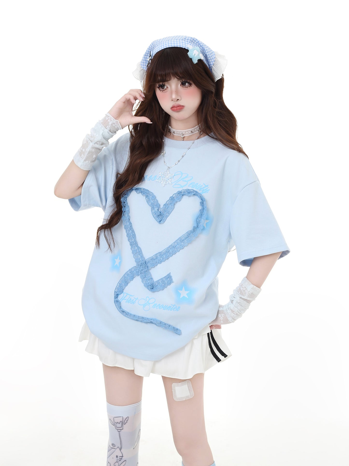 レースハート柄ブルー＆ホワイトTシャツ