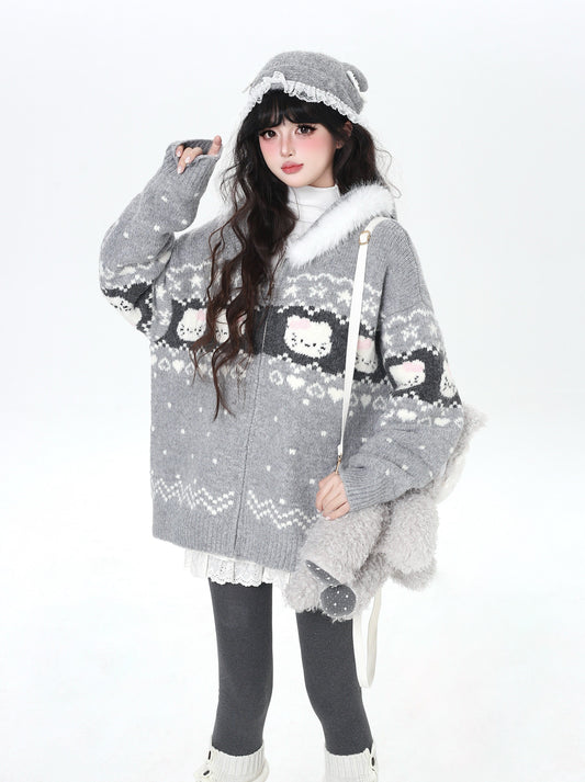 フェアアイル 猫モチーフ ニットフーディー