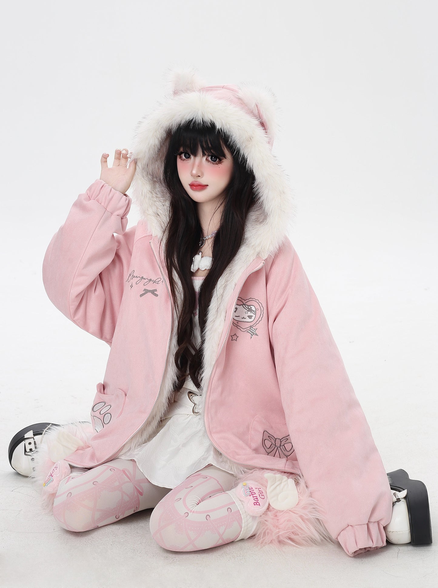 ねこ耳フード付きボアコットンジャケットコーデ