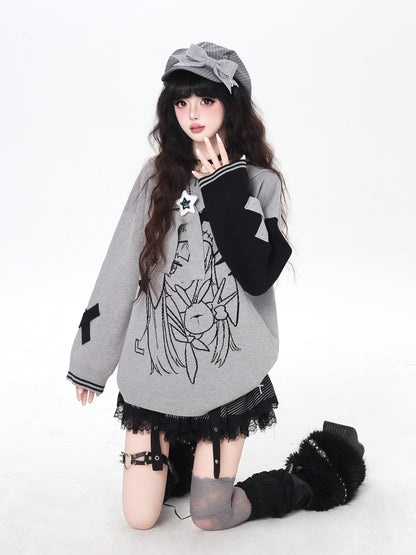 ゴシック サブカル 肩見せイラストプリントニット