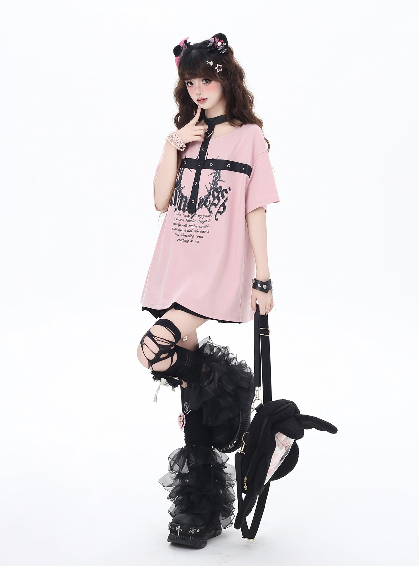 レザー首掛けショートスリーブTシャツ