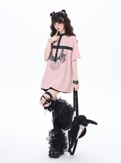 レザー首掛けショートスリーブTシャツ