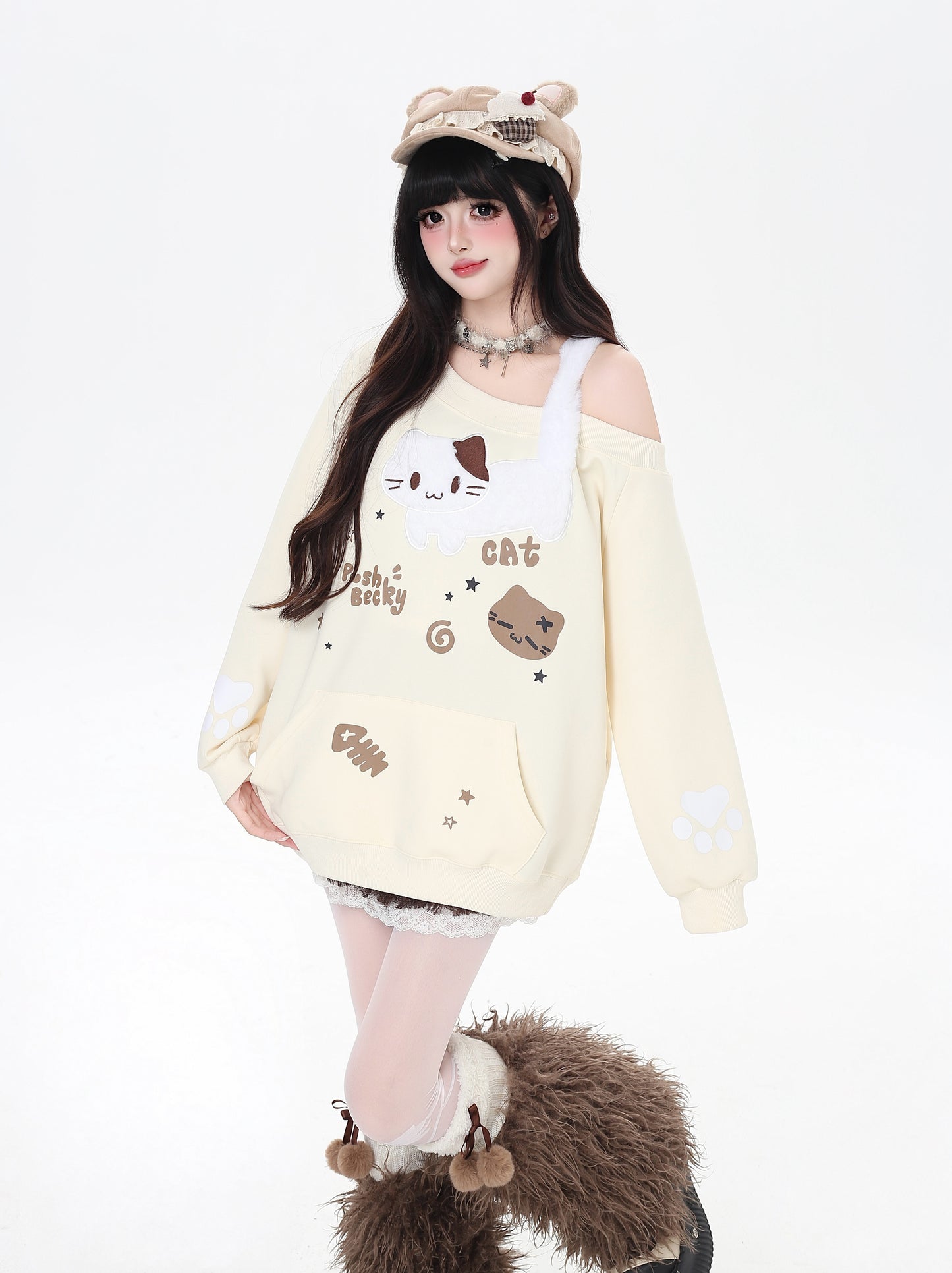 猫柄ふわもこオフショルスウェット
