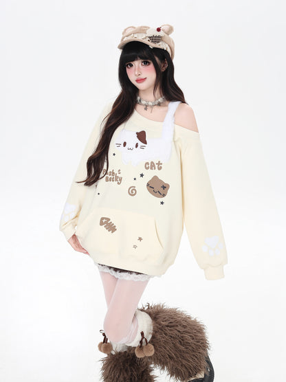 猫柄ふわもこオフショルスウェット