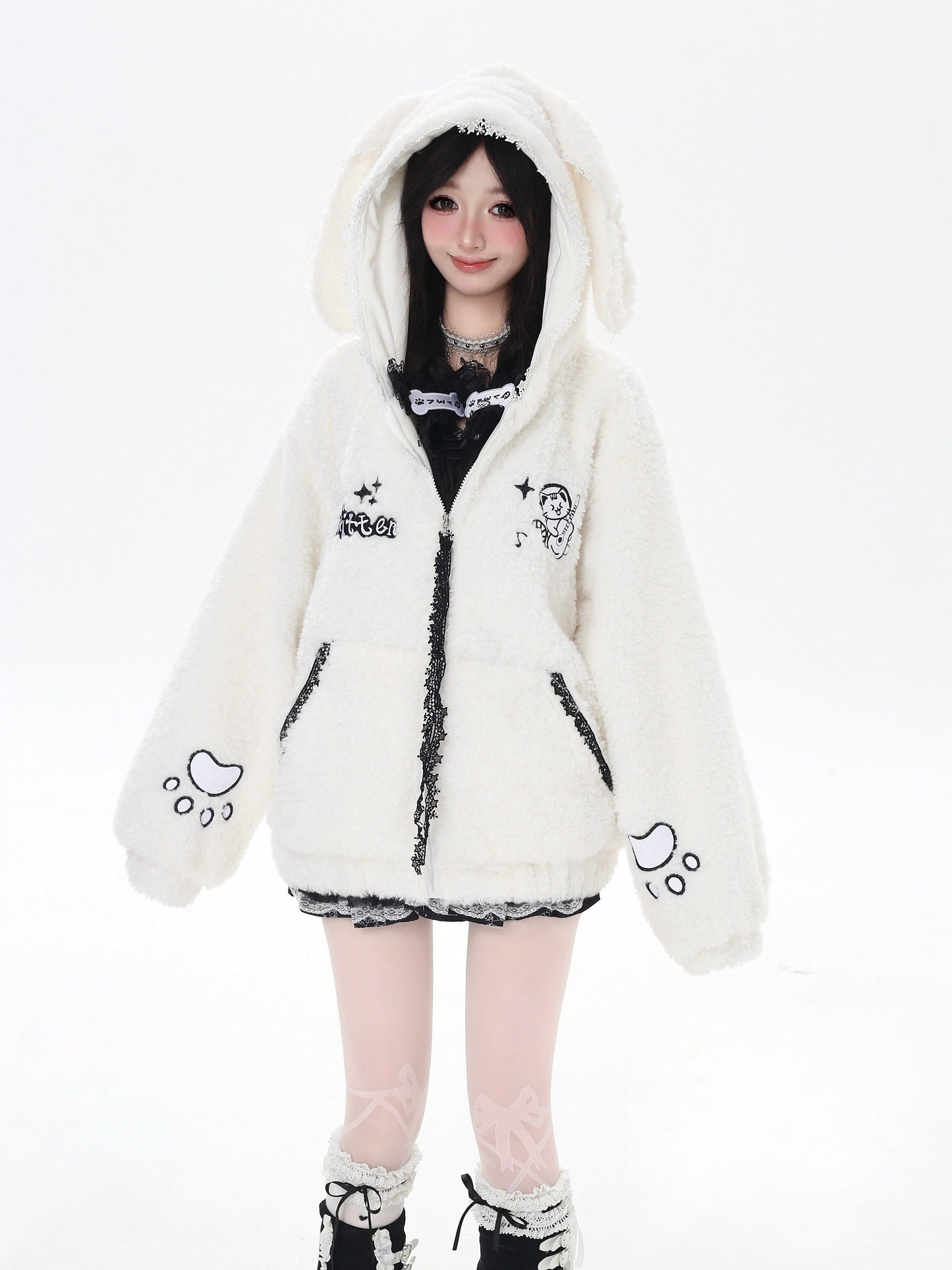 猫刺繍 フード付きルーズボアジャケット｜冬のゆるサブカル