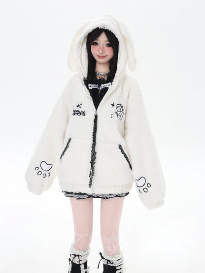 猫刺繍 フード付きルーズボアジャケット｜冬のゆるサブカル