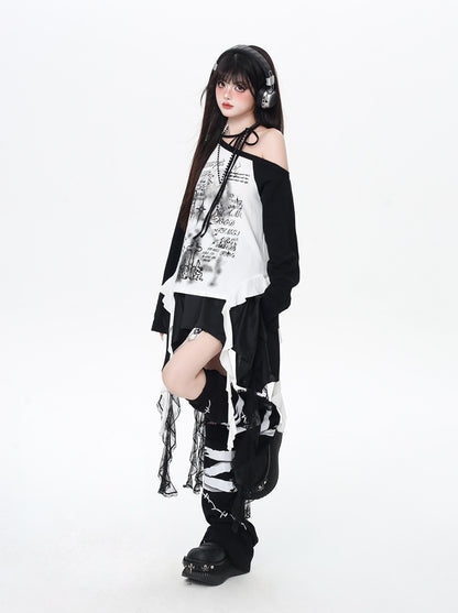 レトロY2K斜め肩ホルターネック配色ゆる細見えTシャツ秋