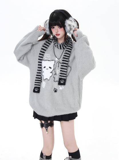 ふわもこ猫柄ニット＋マフラー付き