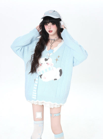 Vネック 猫モチーフ ゆるニット