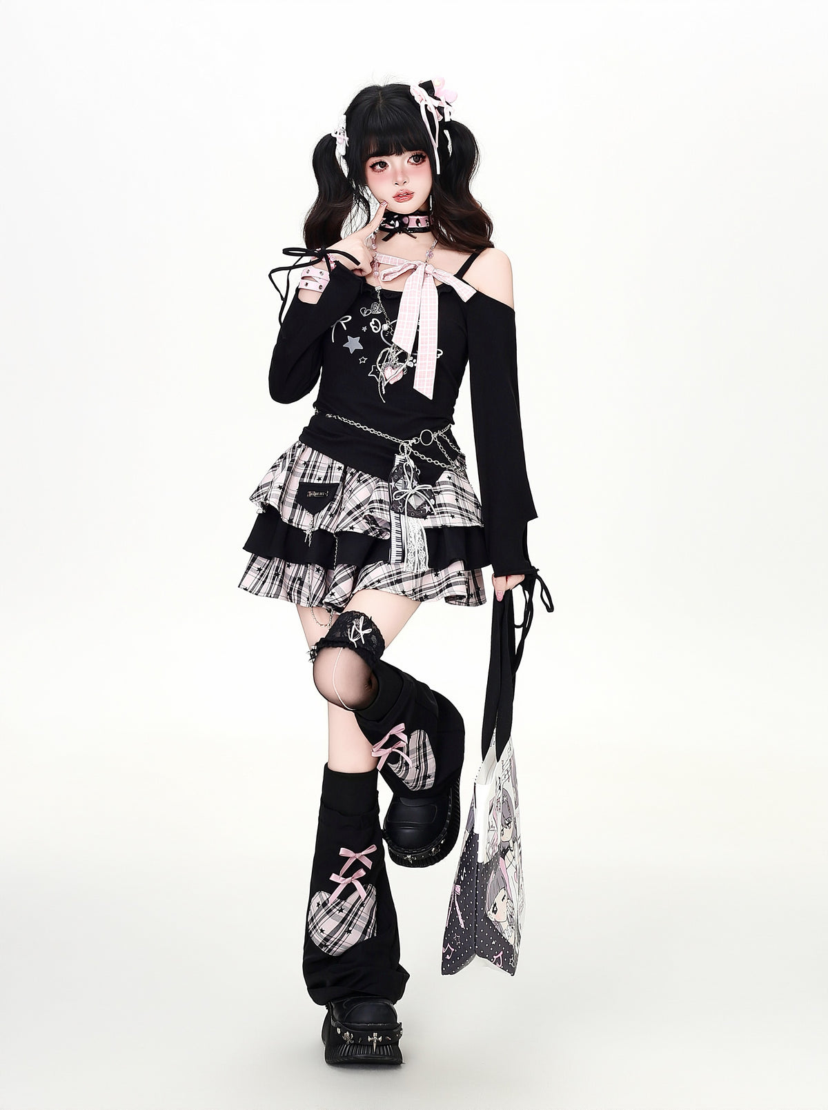 リボンレースアップオフショルロンT