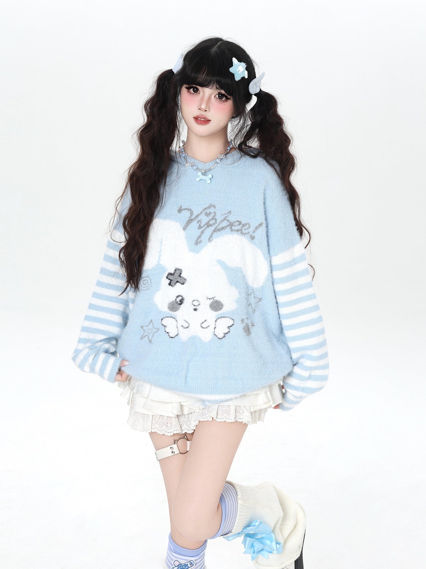 うさ耳フード入り ボーダーゆるニット