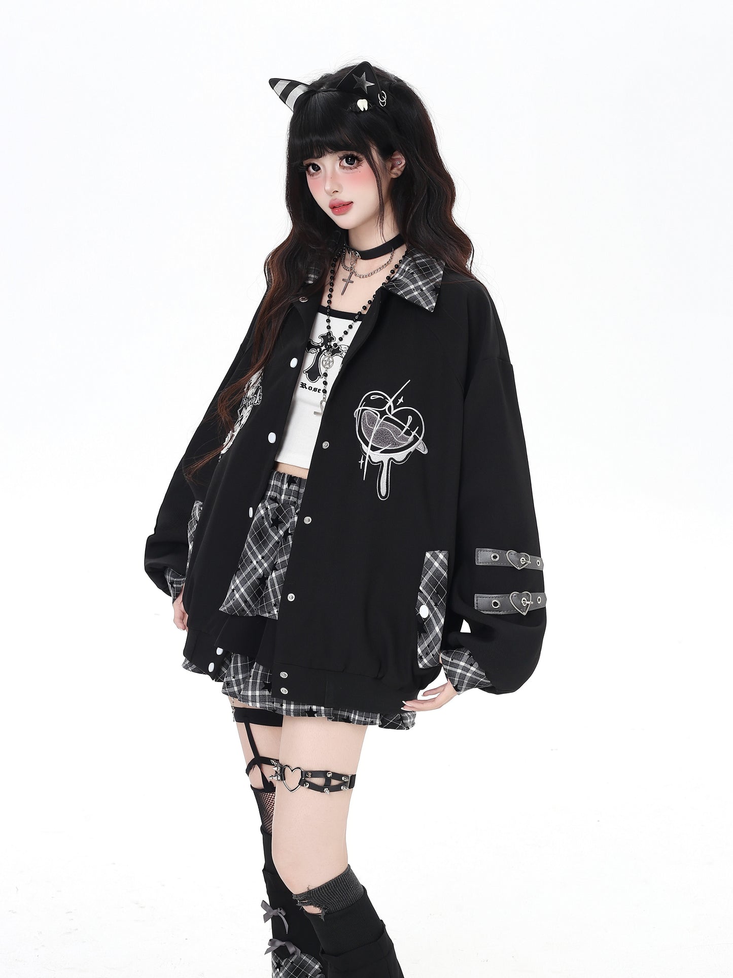 刺繍チェックパッチワークベースボールジャケット