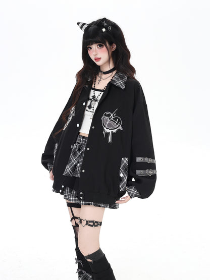 刺繍チェックパッチワークベースボールジャケット
