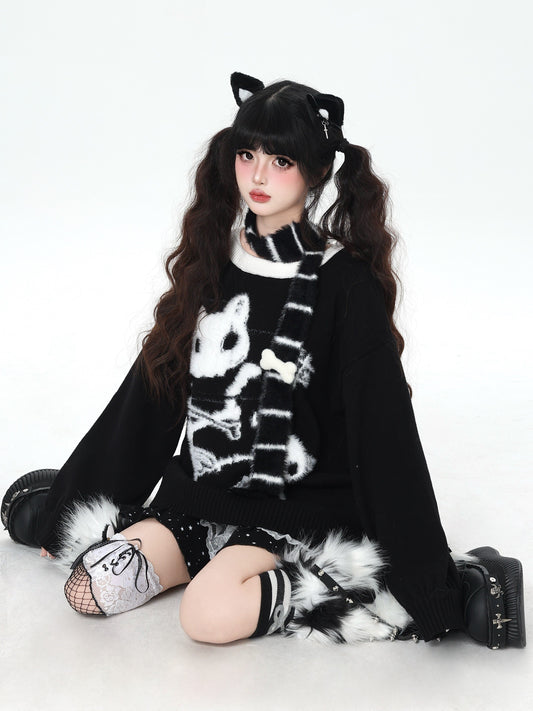 白黒ねこモチーフ ルーズニットプルオーバー｜秋冬ゆるサブカル