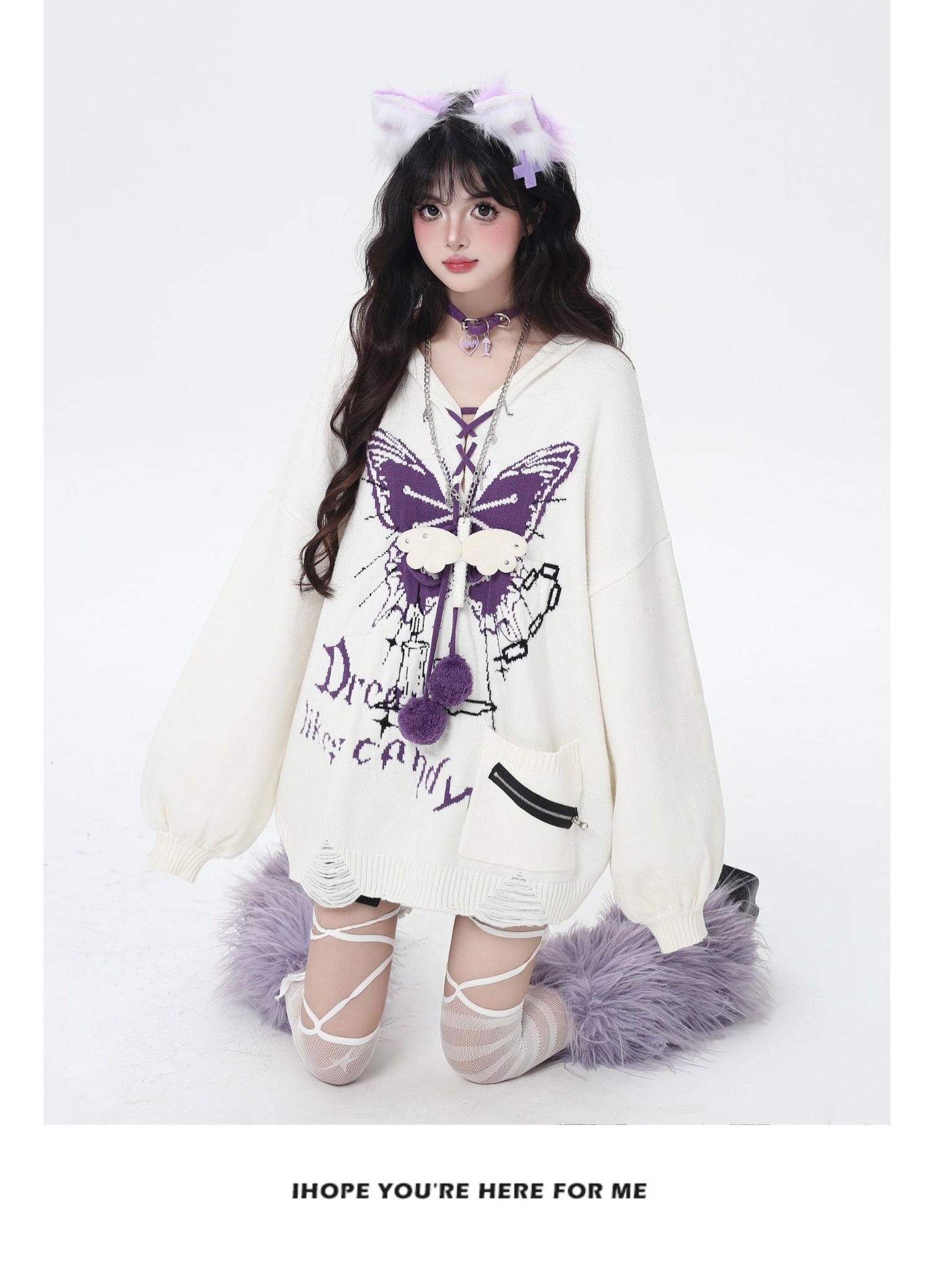 🦋Vネックリボンフーディゆる甘ニットカーデ