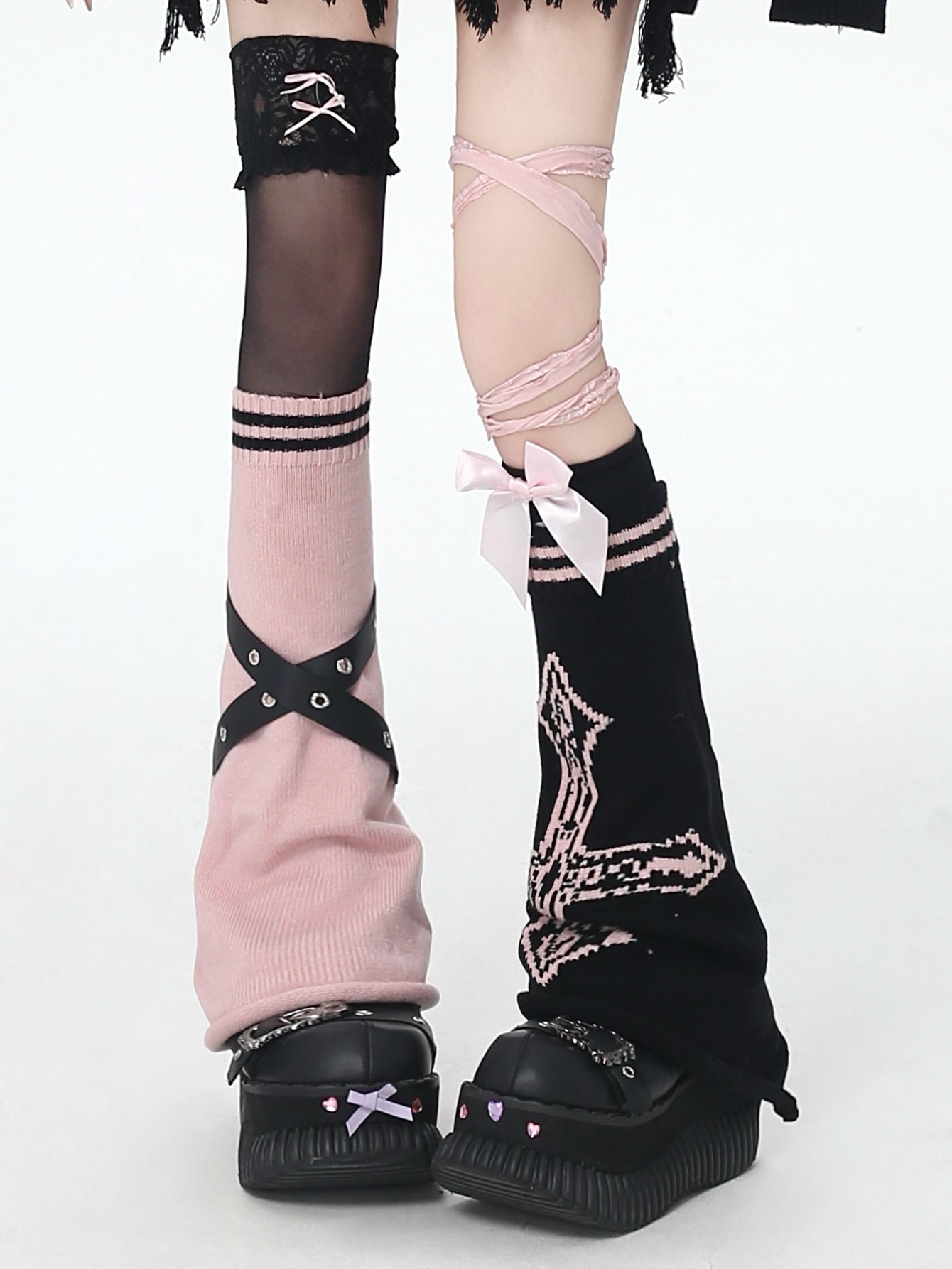 十字架×条纹デザイン感ニーハイソックス