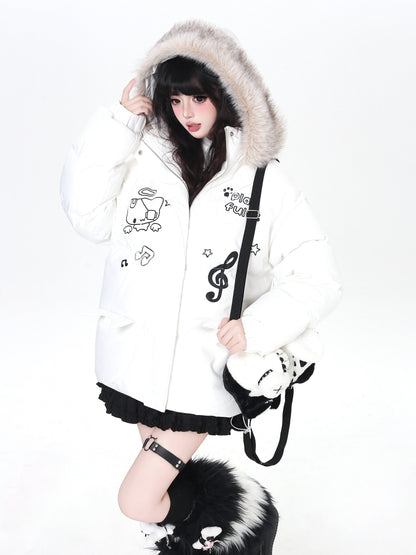 猫モチーフ 音符入り フード付き中綿ジャケット