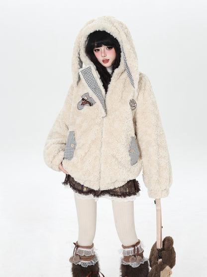 うさ耳＆刺繍入り チェック切替ボアジャケット