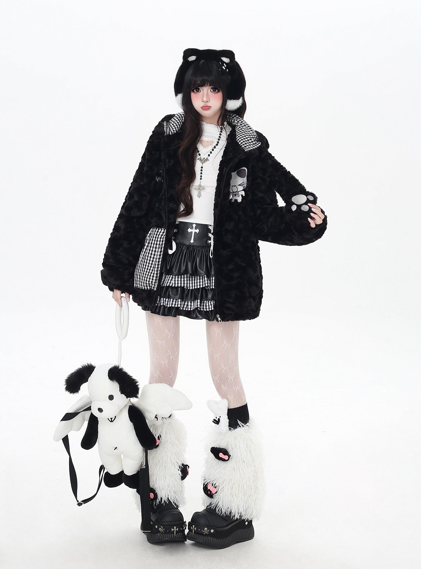 ねこモチーフチェックフード付きボアジャケット
