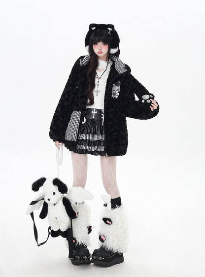 ねこモチーフチェックフード付きボアジャケット