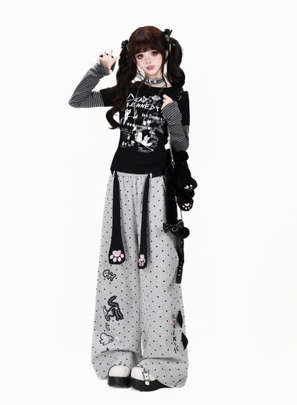 ねこドットプリントハイウエストワイドパンツ