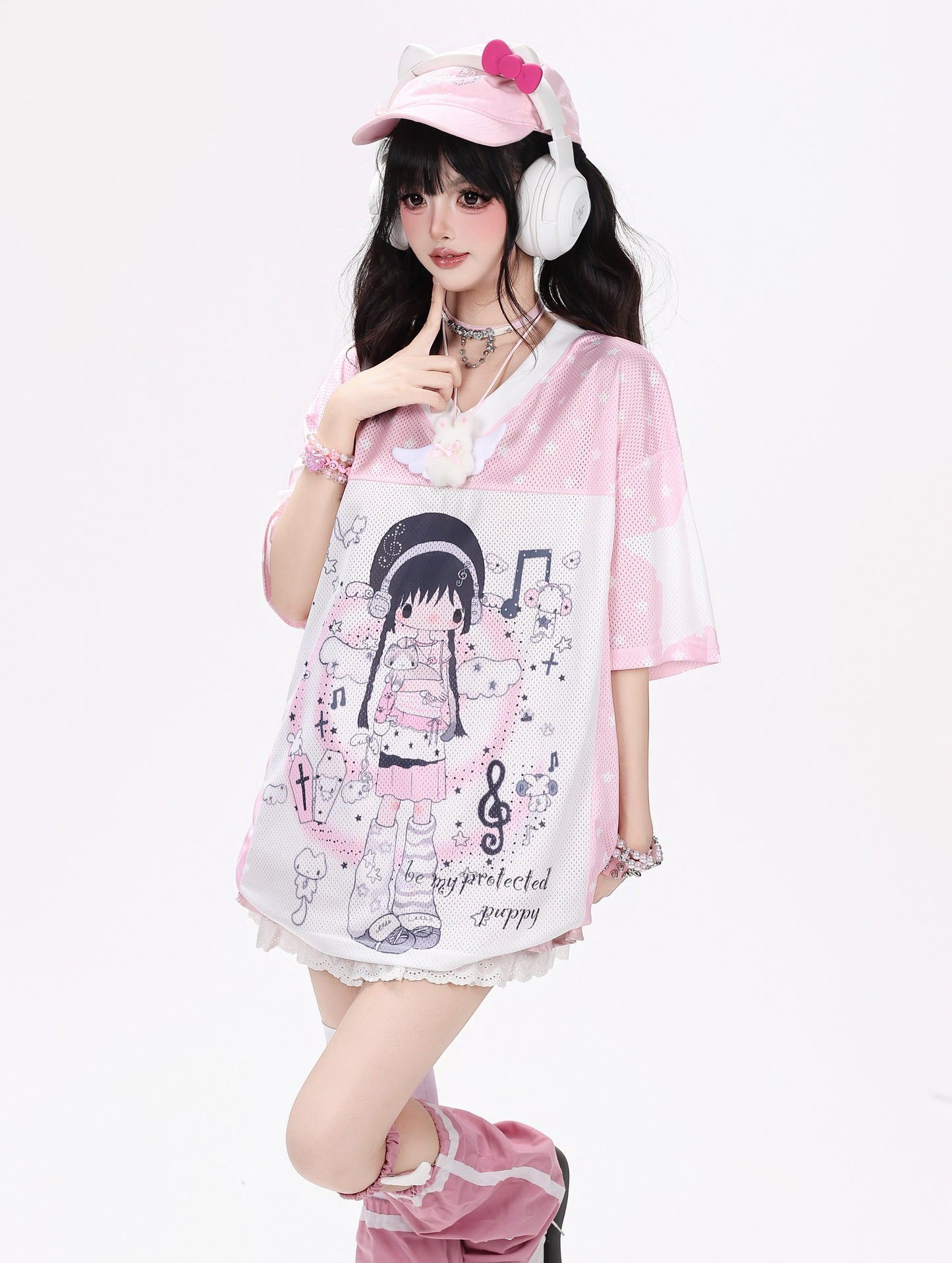 星柄VネックルーズTシャツ