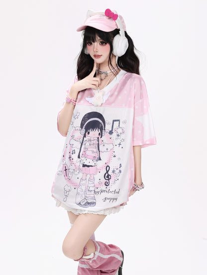 星柄VネックルーズTシャツ