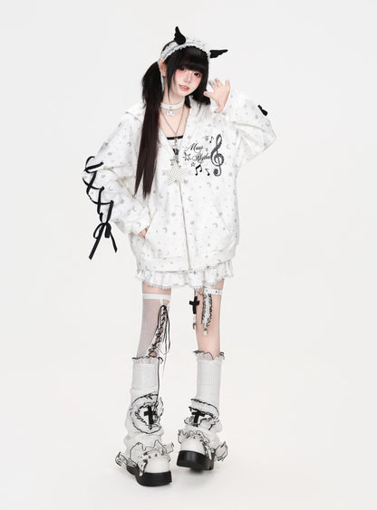 星柄プリントリボンスリーブフード付きトップス