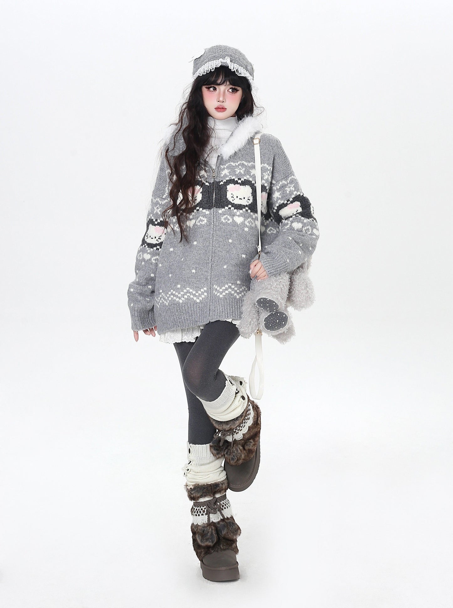 フェアアイル 猫モチーフ ニットフーディー