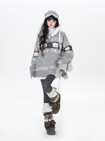 フェアアイル 猫モチーフ ニットフーディー