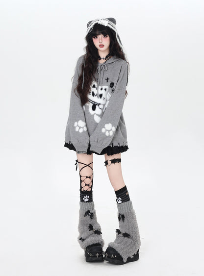 ねこモチーフ フード付きルーズニット｜黒×グレー サブカル