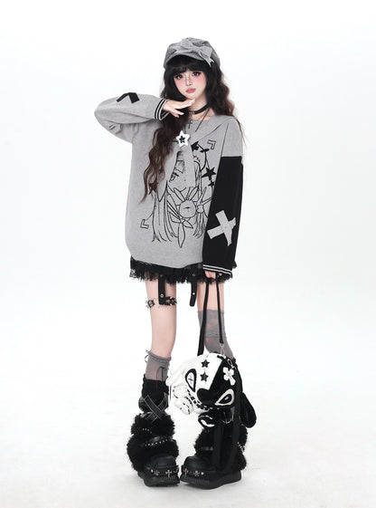 ゴシック サブカル 肩見せイラストプリントニット