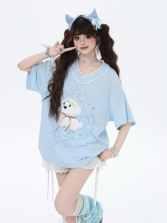 レースVネックブルーホワイトドッグプリントTシャツ