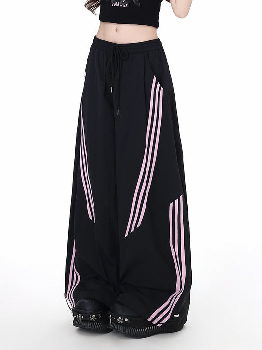 ブラック×ピンクボーダーストレートパンツ