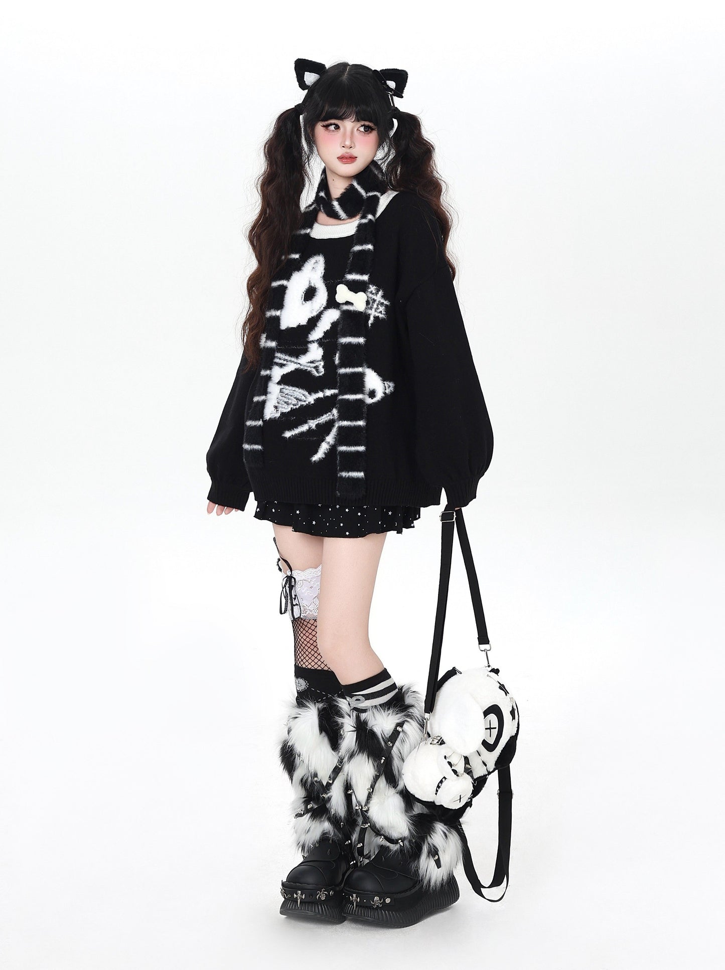 白黒ねこモチーフ ルーズニットプルオーバー｜秋冬ゆるサブカル