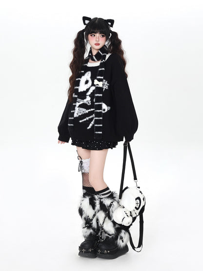 白黒ねこモチーフ ルーズニットプルオーバー｜秋冬ゆるサブカル