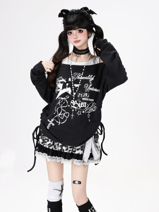 星柄レイヤード風ドロスト長袖トップス