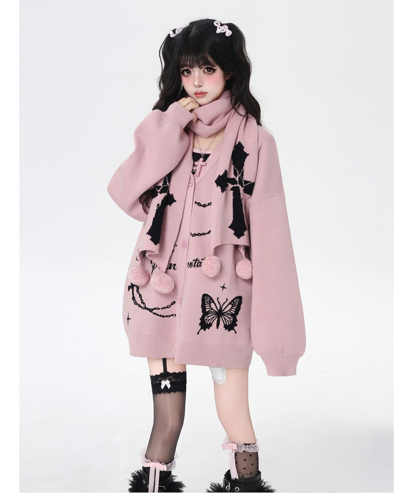 スイート×クールVネック十字架デザインニットカーディガン