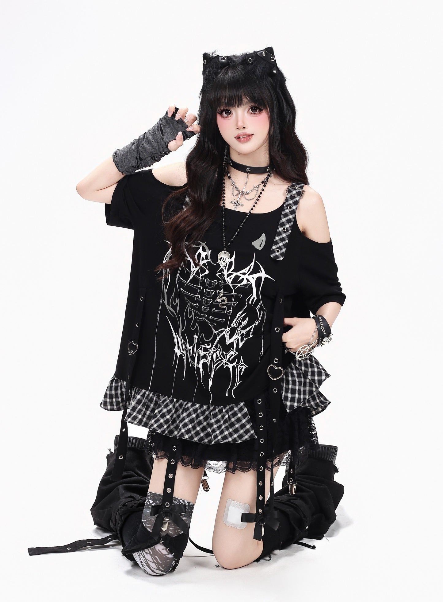 チェック切替オフショルTシャツ