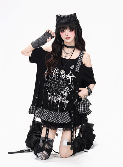 チェック切替オフショルTシャツ