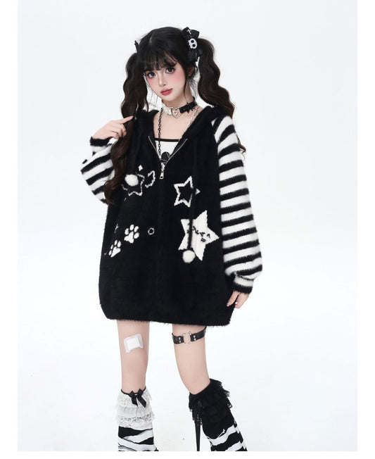 星柄ボーダーVネックフーディーニットカーデ