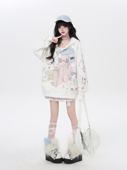 水色ガーリー 二次元アニメプリントゆるパーカー 可愛い系