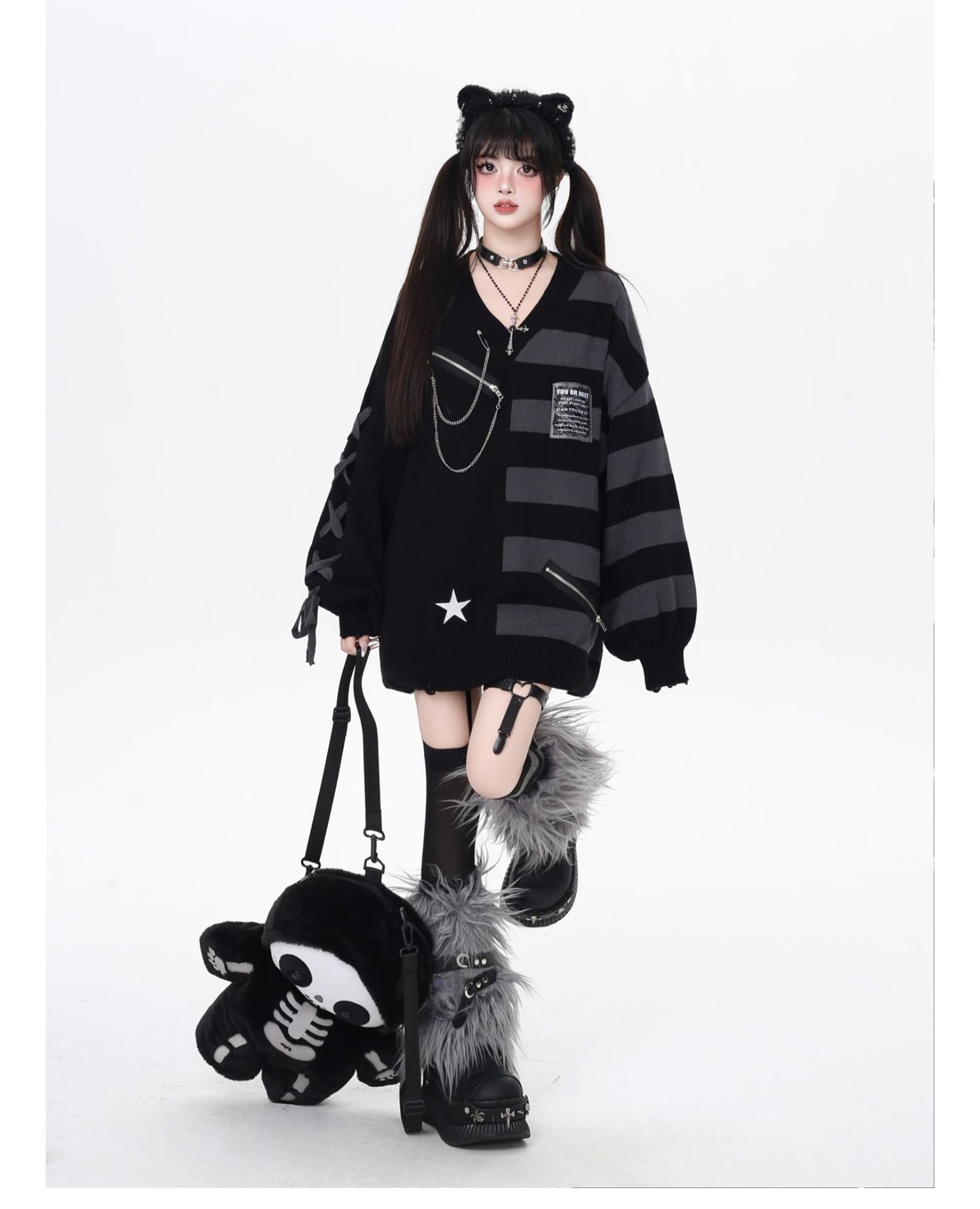 バイカラーストライプVネックニット