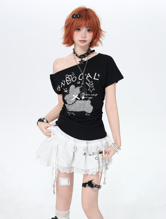 バレエコア うさぎプリント オフショルフィットT