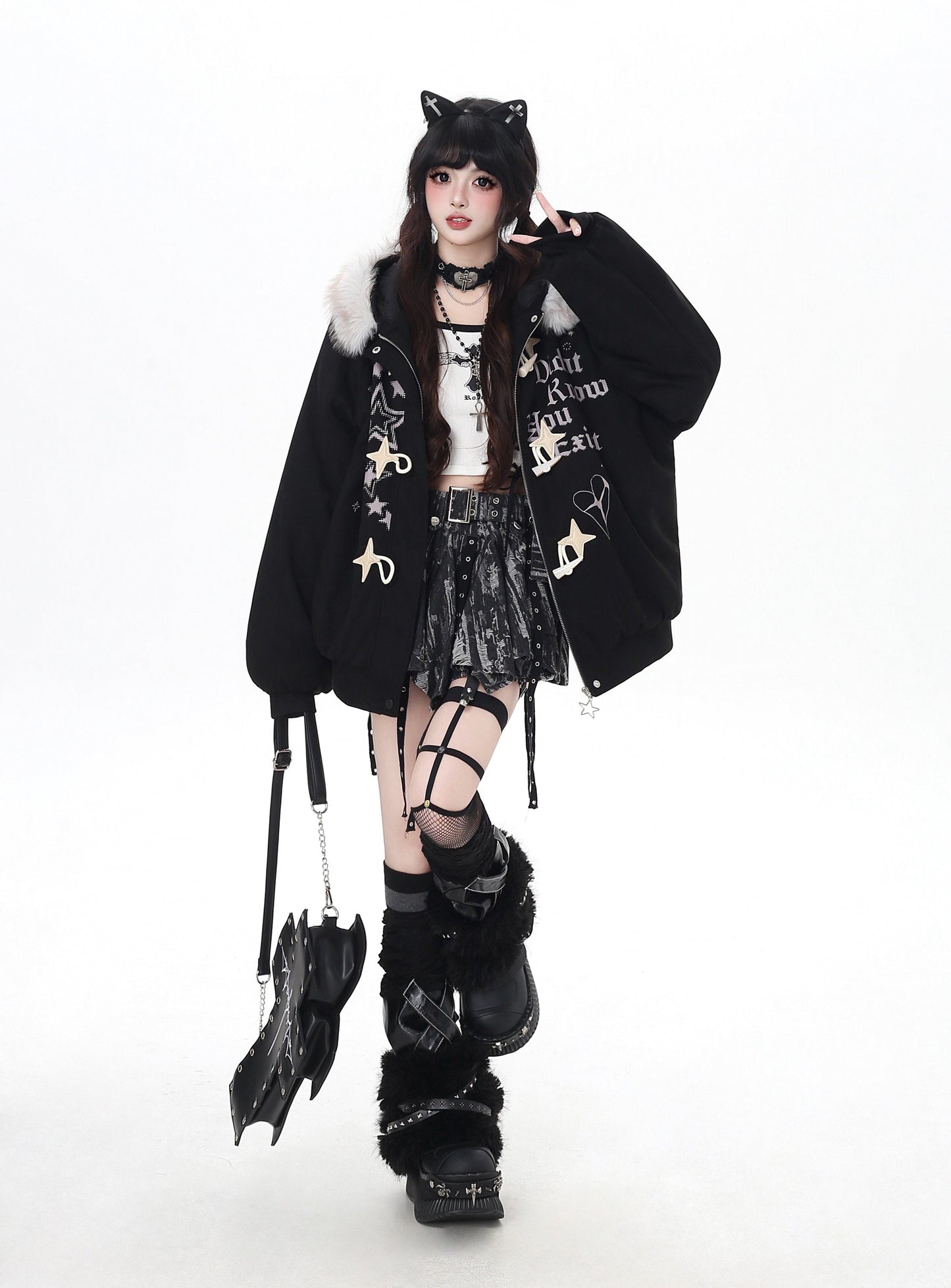 星柄レター×ボア襟取り外し可能 ゆるシルエット中綿ジャケット