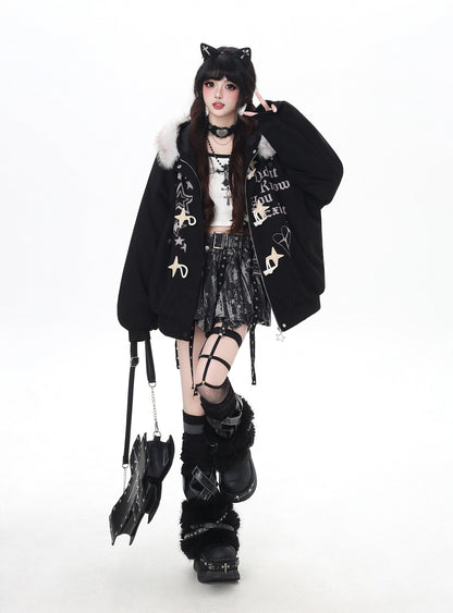 星柄レター×ボア襟取り外し可能 ゆるシルエット中綿ジャケット