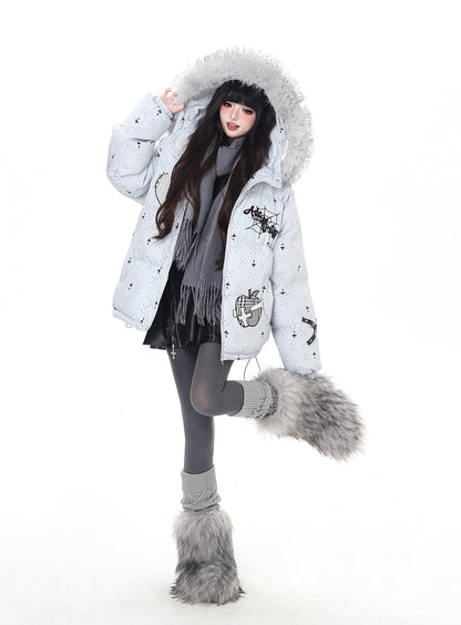 雪柄フード付き取り外し可毛襟コットンジャケット