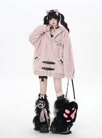 刺繍ねこ耳フード付き厚手ボアジャケット