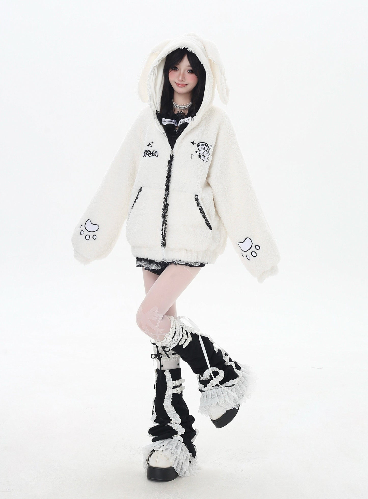 猫刺繍 フード付きルーズボアジャケット｜冬のゆるサブカル